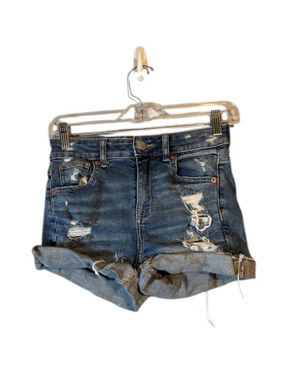 American Eagle Blue Distressed Ripped Hi-Rise Shortie Cuffed Shorts Women Sz 0